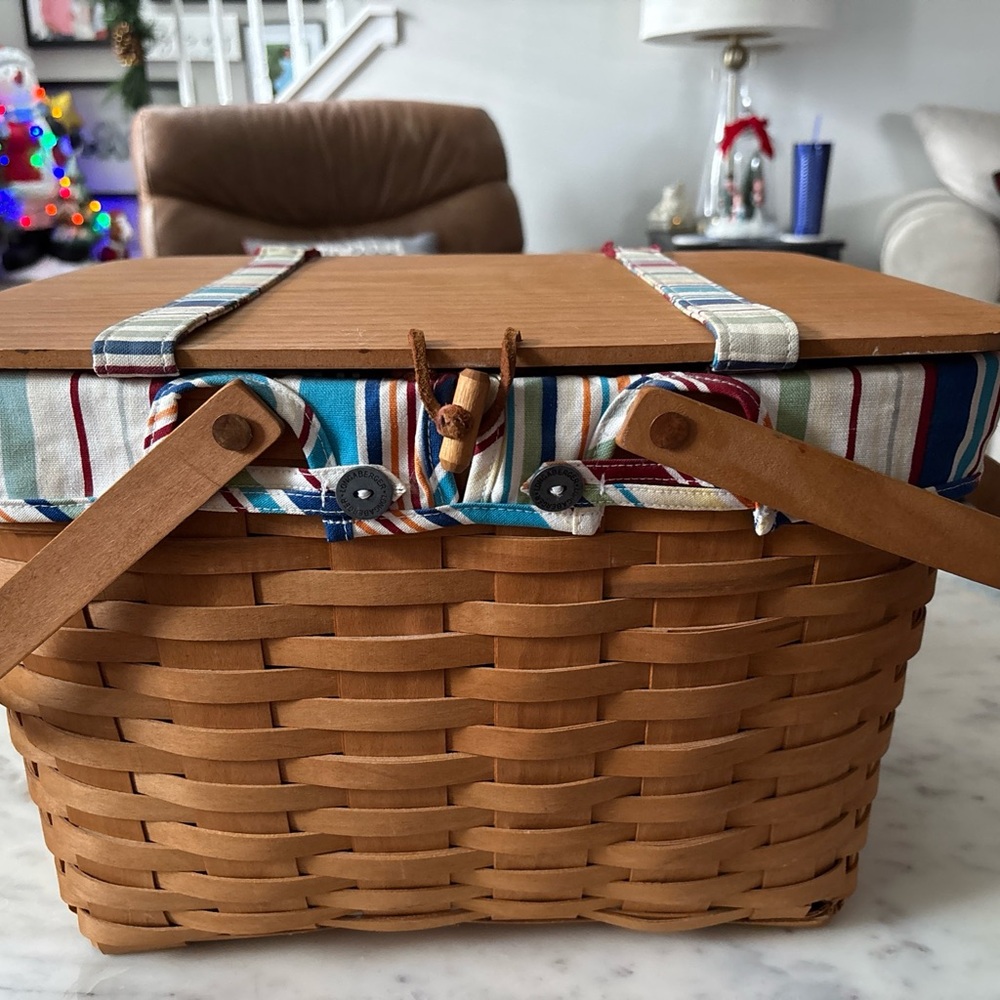 Longaberger Brown Basket with Sunny day Striped Liner